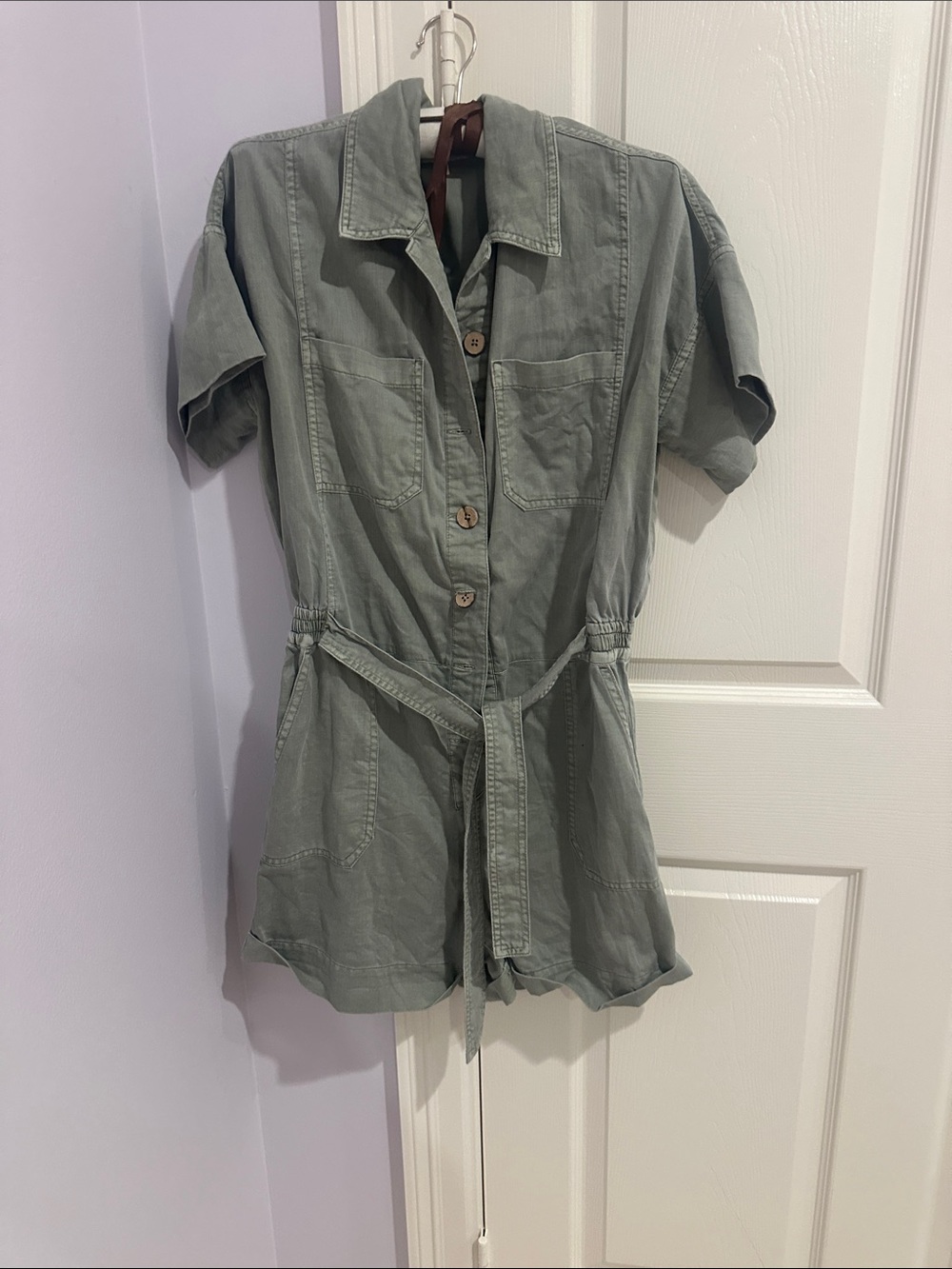 Oat New York women’s Short-Sleeve Button-Front Romper - Sage